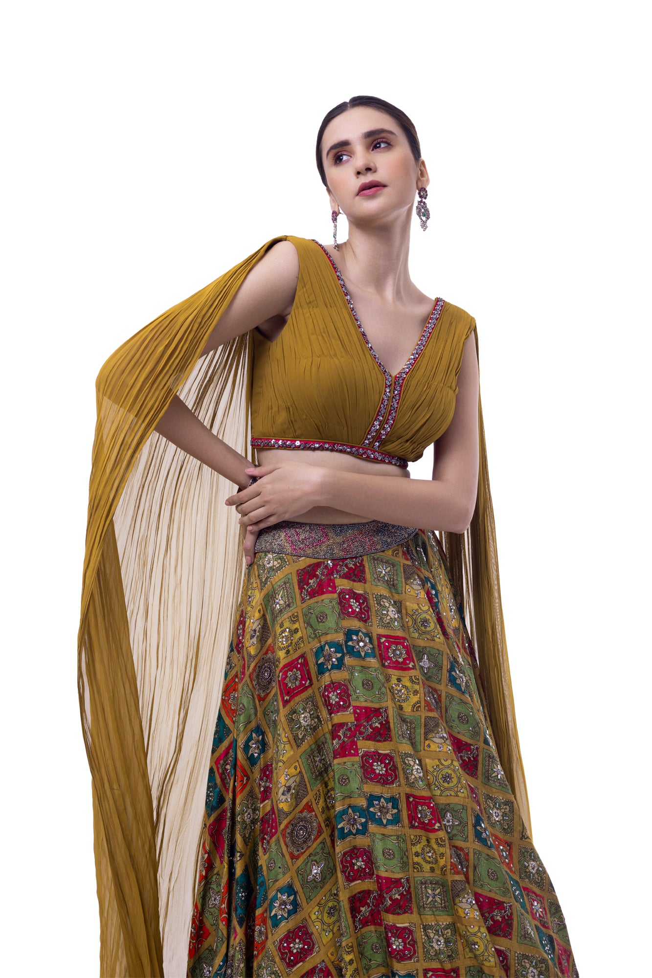 Shop mustard georgette silk skirt online in USA with pleated top. Dazzle on weddings and special occasions with exquisite designer lehengas, Anarkali suit, sharara suit, Indowestern outfits, bridal lehengas from Pure Elegance Indian clothing store in the USA. -closeup
