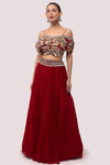 Shop red velvet and georgette embroidered skirt set online in USA. Dazzle on weddings and special occasions with exquisite designer lehengas, Anarkali suit, sharara suit, Indowestern outfits, bridal lehengas from Pure Elegance Indian clothing store in the USA. -full view