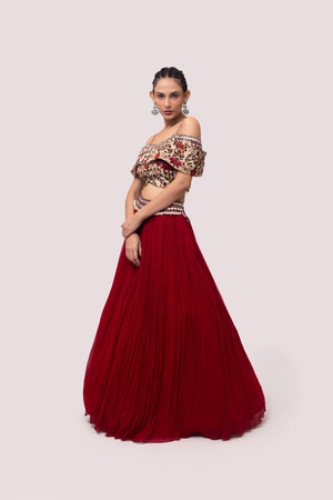 Shop red velvet and georgette embroidered skirt set online in USA. Dazzle on weddings and special occasions with exquisite designer lehengas, Anarkali suit, sharara suit, Indowestern outfits, bridal lehengas from Pure Elegance Indian clothing store in the USA. -skirt