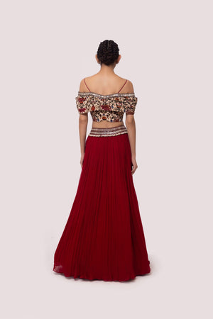 Shop red velvet and georgette embroidered skirt set online in USA. Dazzle on weddings and special occasions with exquisite designer lehengas, Anarkali suit, sharara suit, Indowestern outfits, bridal lehengas from Pure Elegance Indian clothing store in the USA. -back