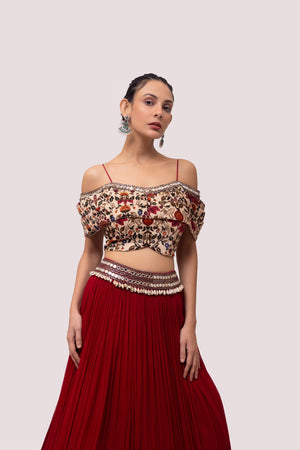 Shop red velvet and georgette embroidered skirt set online in USA. Dazzle on weddings and special occasions with exquisite designer lehengas, Anarkali suit, sharara suit, Indowestern outfits, bridal lehengas from Pure Elegance Indian clothing store in the USA. -closeup