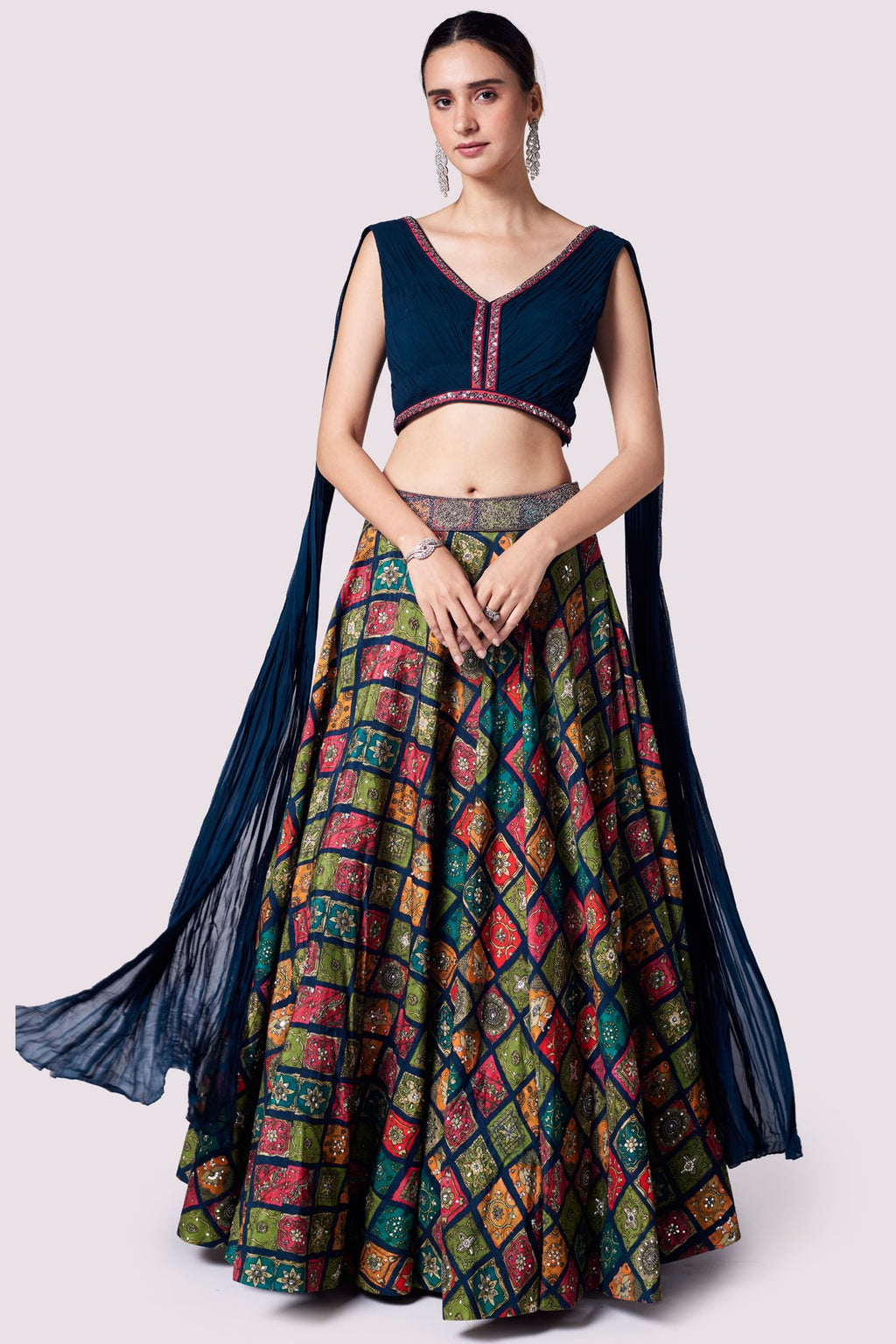 Buy blue silk skirt online in USA with georgette pleated top. Shop the best and latest designs in embroidered sarees, designer sarees, Anarkali suit, lehengas, sharara suits for weddings and special occasions from Pure Elegance Indian fashion store in USA.-full view