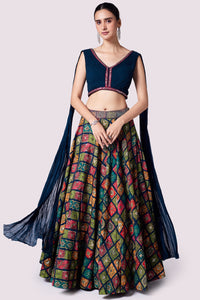 Buy blue silk skirt online in USA with georgette pleated top. Shop the best and latest designs in embroidered sarees, designer sarees, Anarkali suit, lehengas, sharara suits for weddings and special occasions from Pure Elegance Indian fashion store in USA.-full view
