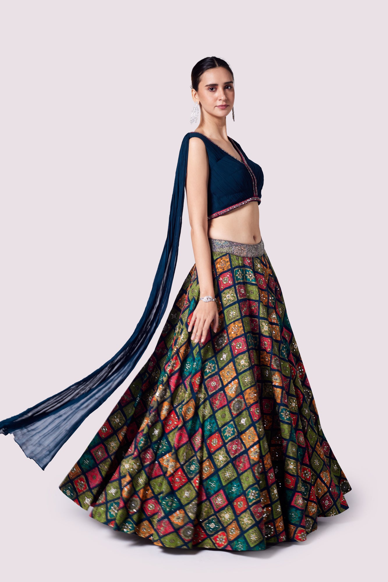 Buy blue silk skirt online in USA with georgette pleated top. Shop the best and latest designs in embroidered sarees, designer sarees, Anarkali suit, lehengas, sharara suits for weddings and special occasions from Pure Elegance Indian fashion store in USA.-skirt