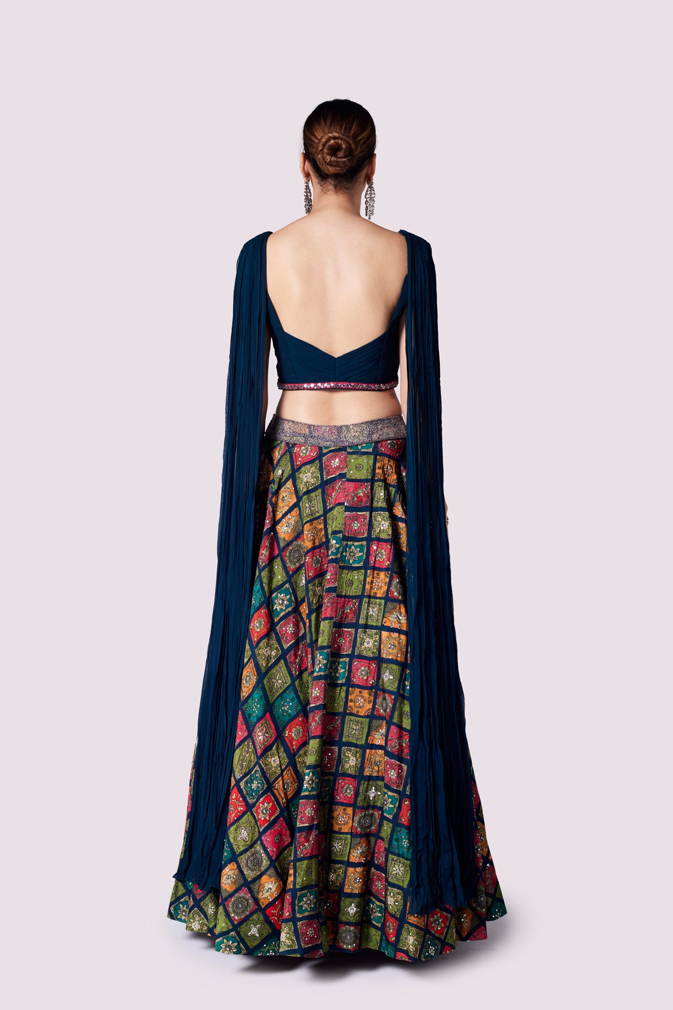 Buy blue silk skirt online in USA with georgette pleated top. Shop the best and latest designs in embroidered sarees, designer sarees, Anarkali suit, lehengas, sharara suits for weddings and special occasions from Pure Elegance Indian fashion store in USA.-back