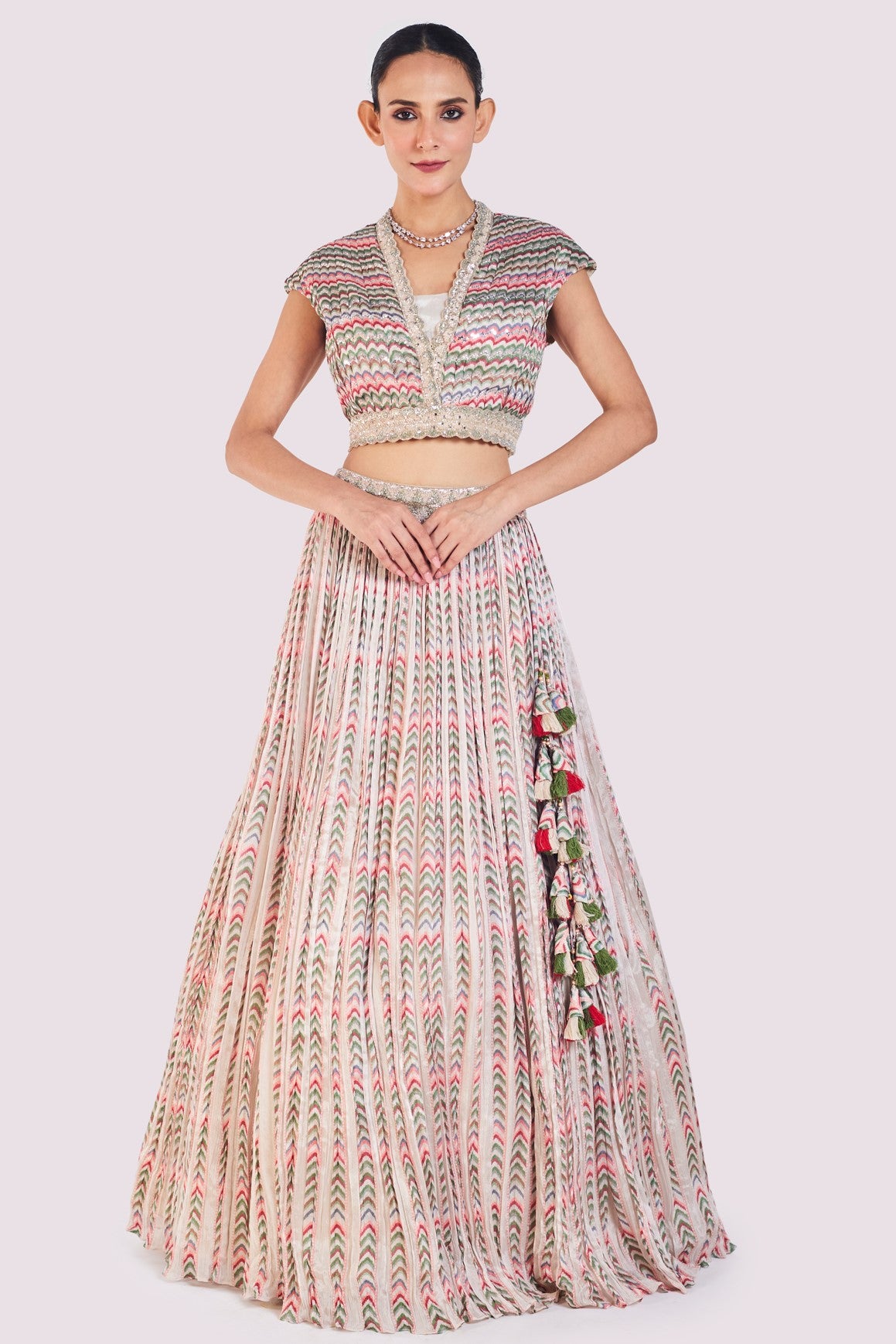 Shop stunning beige printed chiffon skirt set online in USA. Shop the best and latest designs in embroidered sarees, designer sarees, Anarkali suit, lehengas, sharara suits for weddings and special occasions from Pure Elegance Indian fashion store in USA.-full view