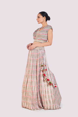 Shop stunning beige printed chiffon skirt set online in USA. Shop the best and latest designs in embroidered sarees, designer sarees, Anarkali suit, lehengas, sharara suits for weddings and special occasions from Pure Elegance Indian fashion store in USA.-skirt