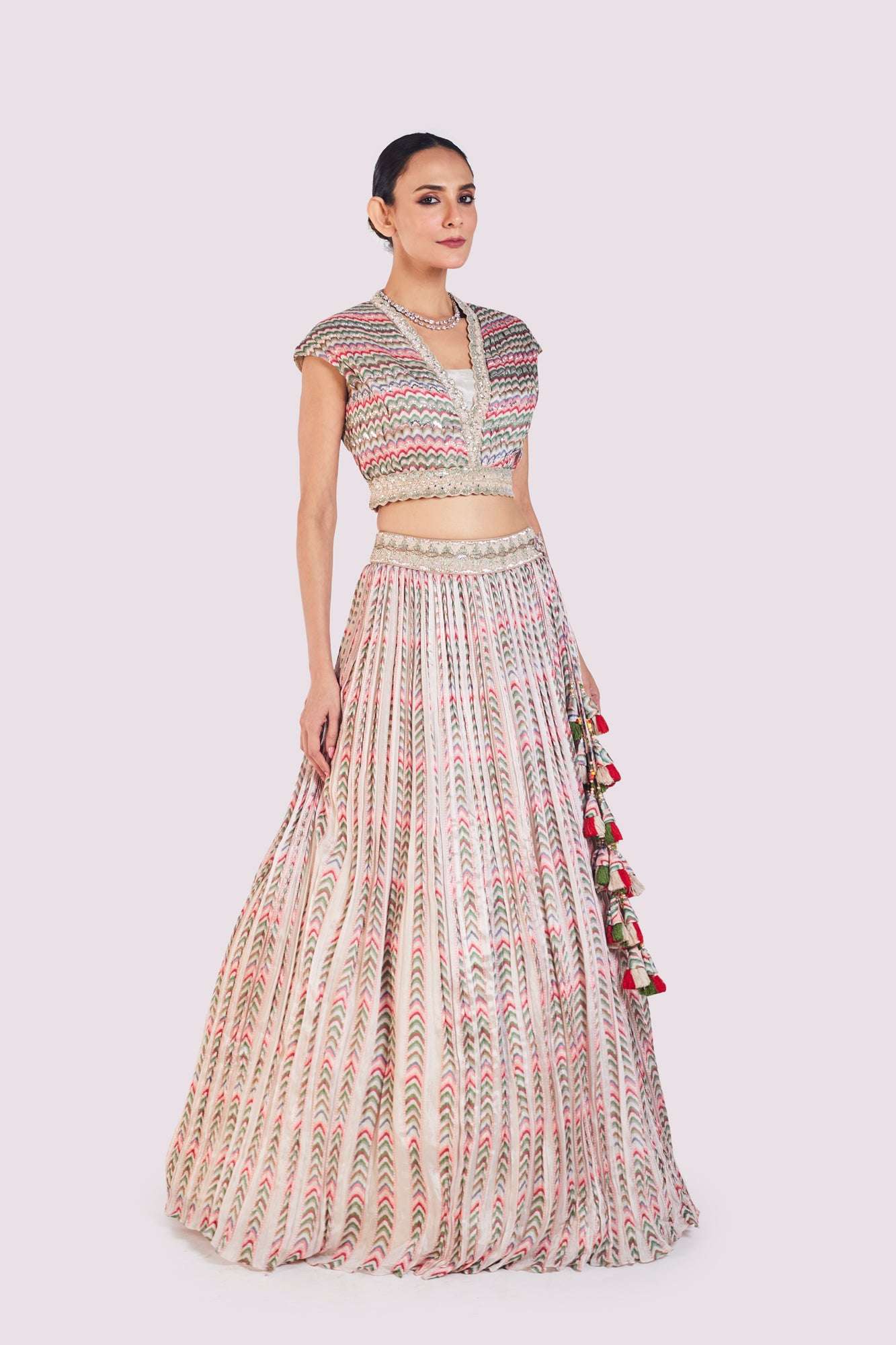 Shop stunning beige printed chiffon skirt set online in USA. Shop the best and latest designs in embroidered sarees, designer sarees, Anarkali suit, lehengas, sharara suits for weddings and special occasions from Pure Elegance Indian fashion store in USA.-side