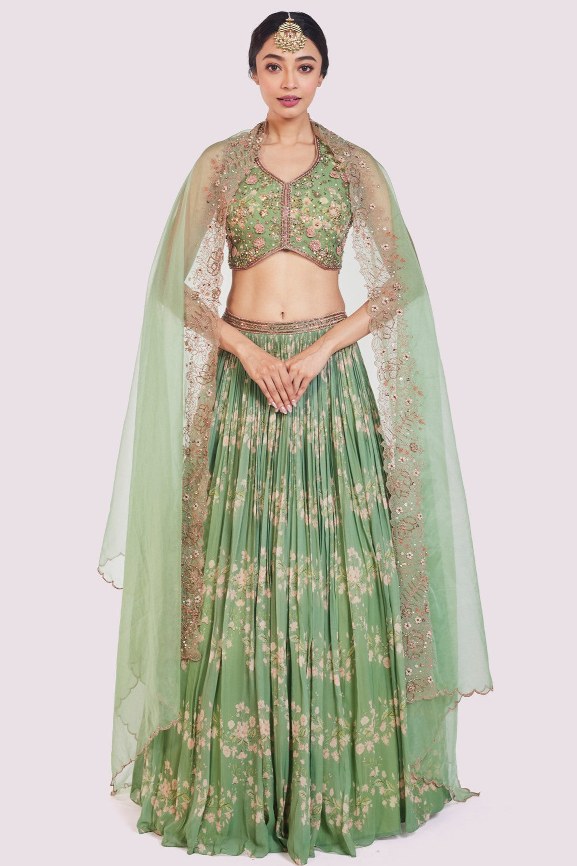 Buy sea green printed embellished georgette lehenga online in USA. Shop the best and latest designs in embroidered sarees, designer sarees, Anarkali suit, lehengas, sharara suits for weddings and special occasions from Pure Elegance Indian fashion store in USA.-full view