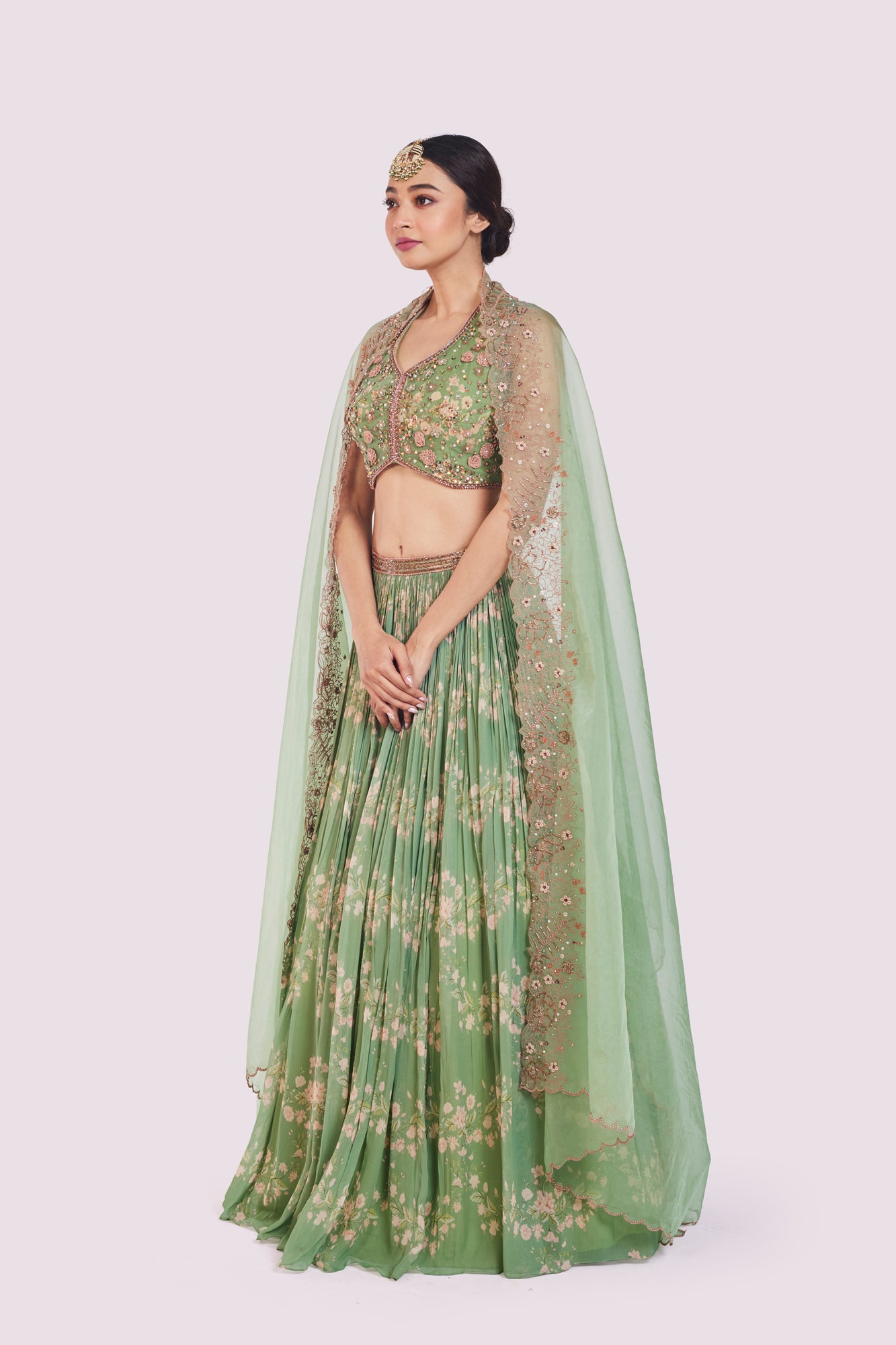 Buy sea green printed embellished georgette lehenga online in USA. Shop the best and latest designs in embroidered sarees, designer sarees, Anarkali suit, lehengas, sharara suits for weddings and special occasions from Pure Elegance Indian fashion store in USA.-lehenga