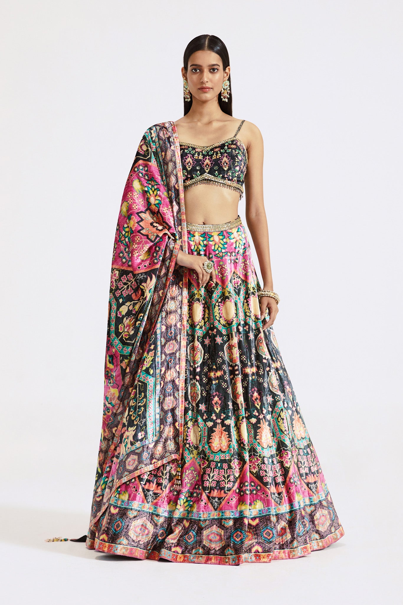 Buy multicolor embroidered velvet lehenga online in USA with dupatta. Shop the best and latest designs in embroidered sarees, designer sarees, Anarkali suit, lehengas, sharara suits for weddings and special occasions from Pure Elegance Indian fashion store in USA.-full view