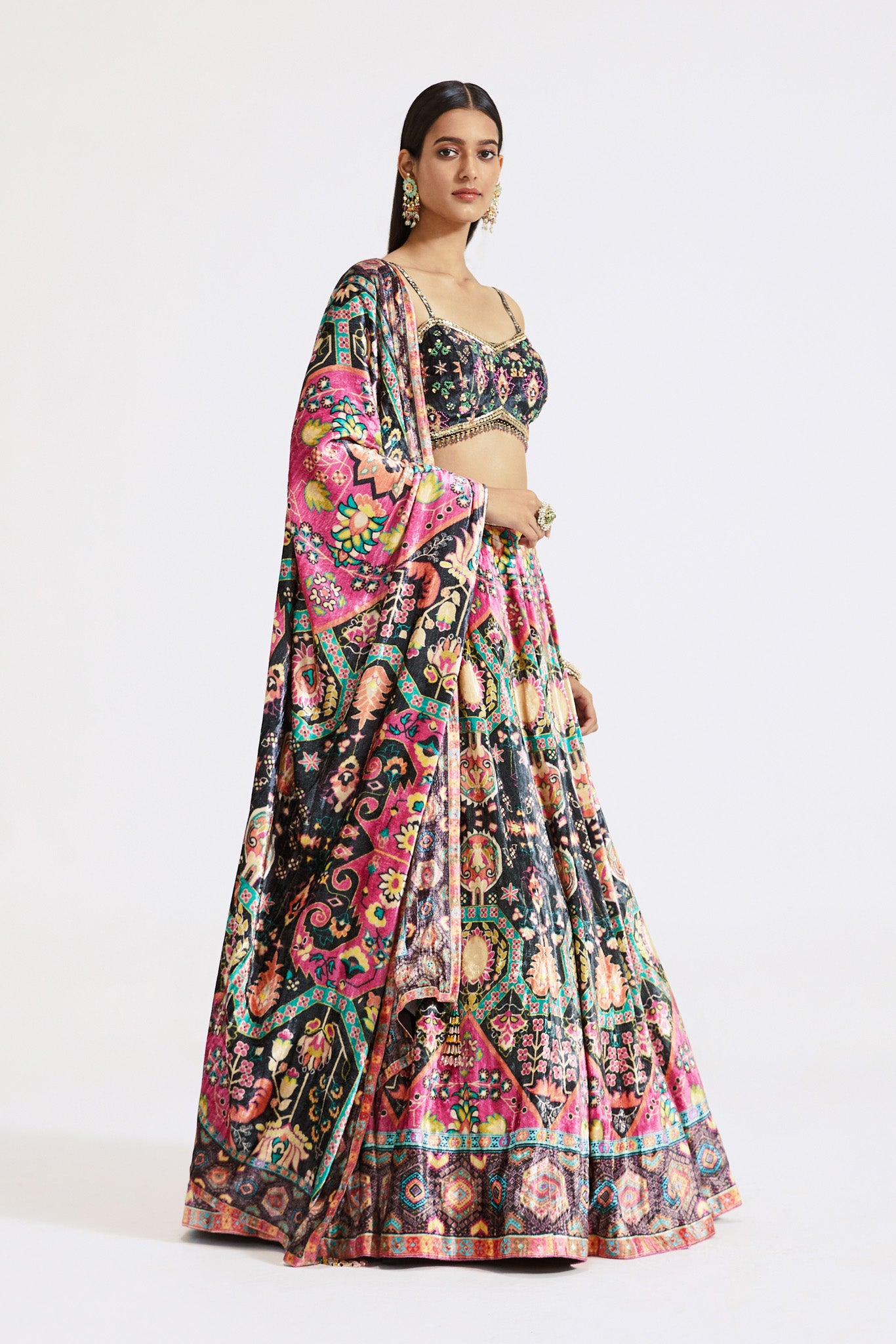 Buy multicolor embroidered velvet lehenga online in USA with dupatta. Shop the best and latest designs in embroidered sarees, designer sarees, Anarkali suit, lehengas, sharara suits for weddings and special occasions from Pure Elegance Indian fashion store in USA.-side