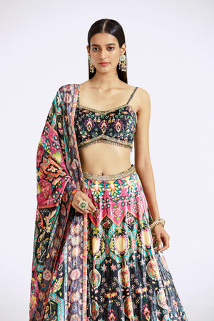 Buy multicolor embroidered velvet lehenga online in USA with dupatta. Shop the best and latest designs in embroidered sarees, designer sarees, Anarkali suit, lehengas, sharara suits for weddings and special occasions from Pure Elegance Indian fashion store in USA.-closeup