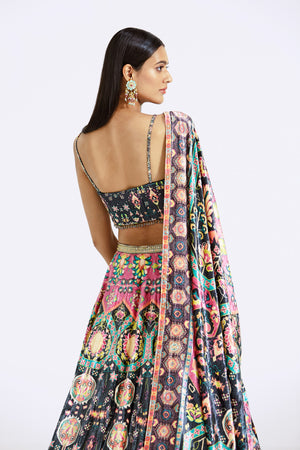 Buy multicolor embroidered velvet lehenga online in USA with dupatta. Shop the best and latest designs in embroidered sarees, designer sarees, Anarkali suit, lehengas, sharara suits for weddings and special occasions from Pure Elegance Indian fashion store in USA.-back