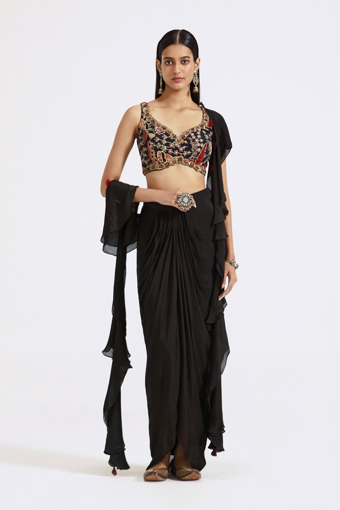 Shop stunning black chinnon skirt set online in USA with ruffled dupatta. Shop the best and latest designs in embroidered sarees, designer sarees, Anarkali suit, lehengas, sharara suits for weddings and special occasions from Pure Elegance Indian fashion store in USA.-full view