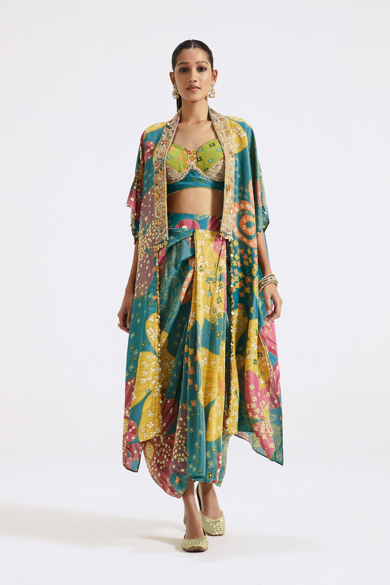 Buy stunning multicolor print crepe draped skirt set online in USA with cape. Shop the best and latest designs in embroidered sarees, designer sarees, Anarkali suit, lehengas, sharara suits for weddings and special occasions from Pure Elegance Indian fashion store in USA.-full view