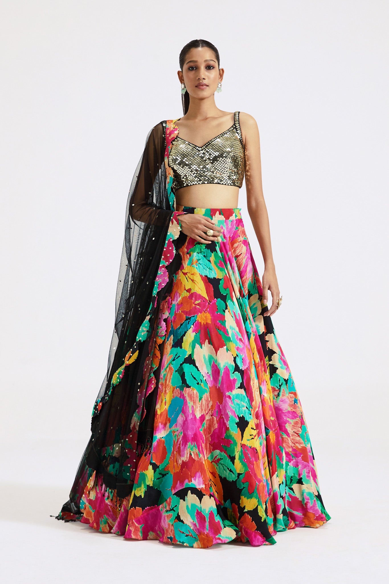 Shop beautiful multicolor floral embroidered contemporary lehenga online in USA with dupatta. Shop the best and latest designs in embroidered sarees, designer sarees, Anarkali suit, lehengas, sharara suits for weddings and special occasions from Pure Elegance Indian fashion store in USA.-full view