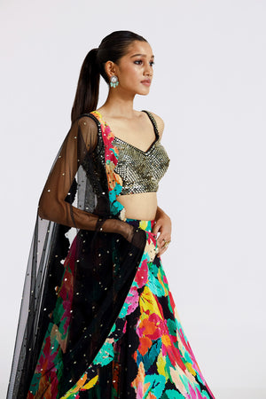 Shop beautiful multicolor floral embroidered contemporary lehenga online in USA with dupatta. Shop the best and latest designs in embroidered sarees, designer sarees, Anarkali suit, lehengas, sharara suits for weddings and special occasions from Pure Elegance Indian fashion store in USA.-closeup