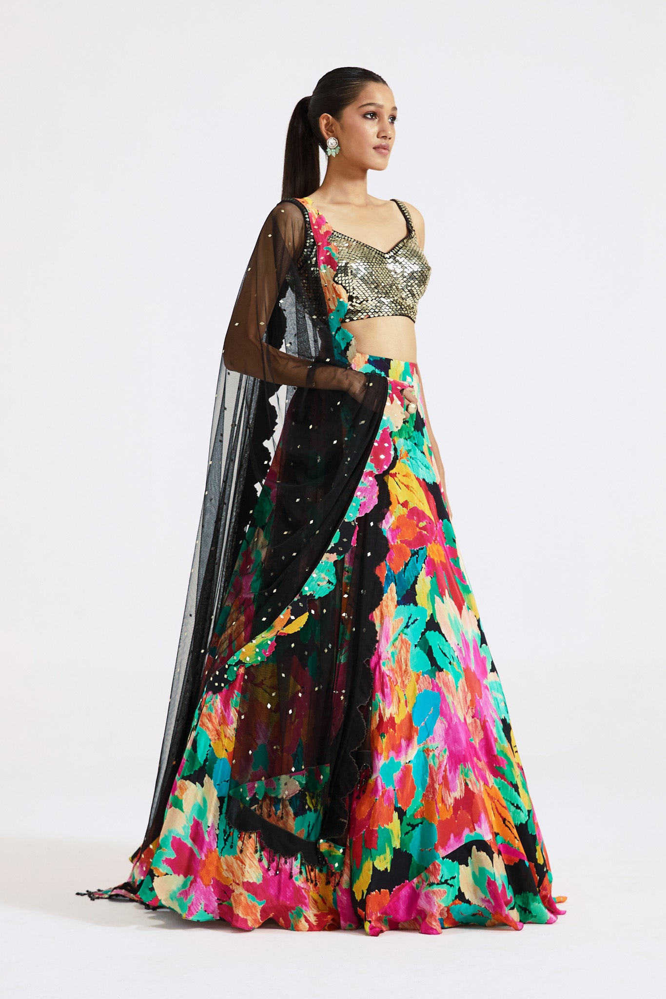 Shop beautiful multicolor floral embroidered contemporary lehenga online in USA with dupatta. Shop the best and latest designs in embroidered sarees, designer sarees, Anarkali suit, lehengas, sharara suits for weddings and special occasions from Pure Elegance Indian fashion store in USA.-lehenga