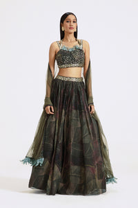 Buy beautiful green embroidered organza lehenga online in USA with attached dupatta. Shop the best and latest designs in embroidered sarees, designer sarees, Anarkali suit, lehengas, sharara suits for weddings and special occasions from Pure Elegance Indian fashion store in USA.-full view