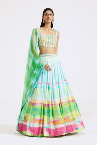 Shop multicolor print georgette lehenga online in USA with dupatta. Shop the best and latest designs in embroidered sarees, designer sarees, Anarkali suit, lehengas, sharara suits for weddings and special occasions from Pure Elegance Indian fashion store in USA.-full view