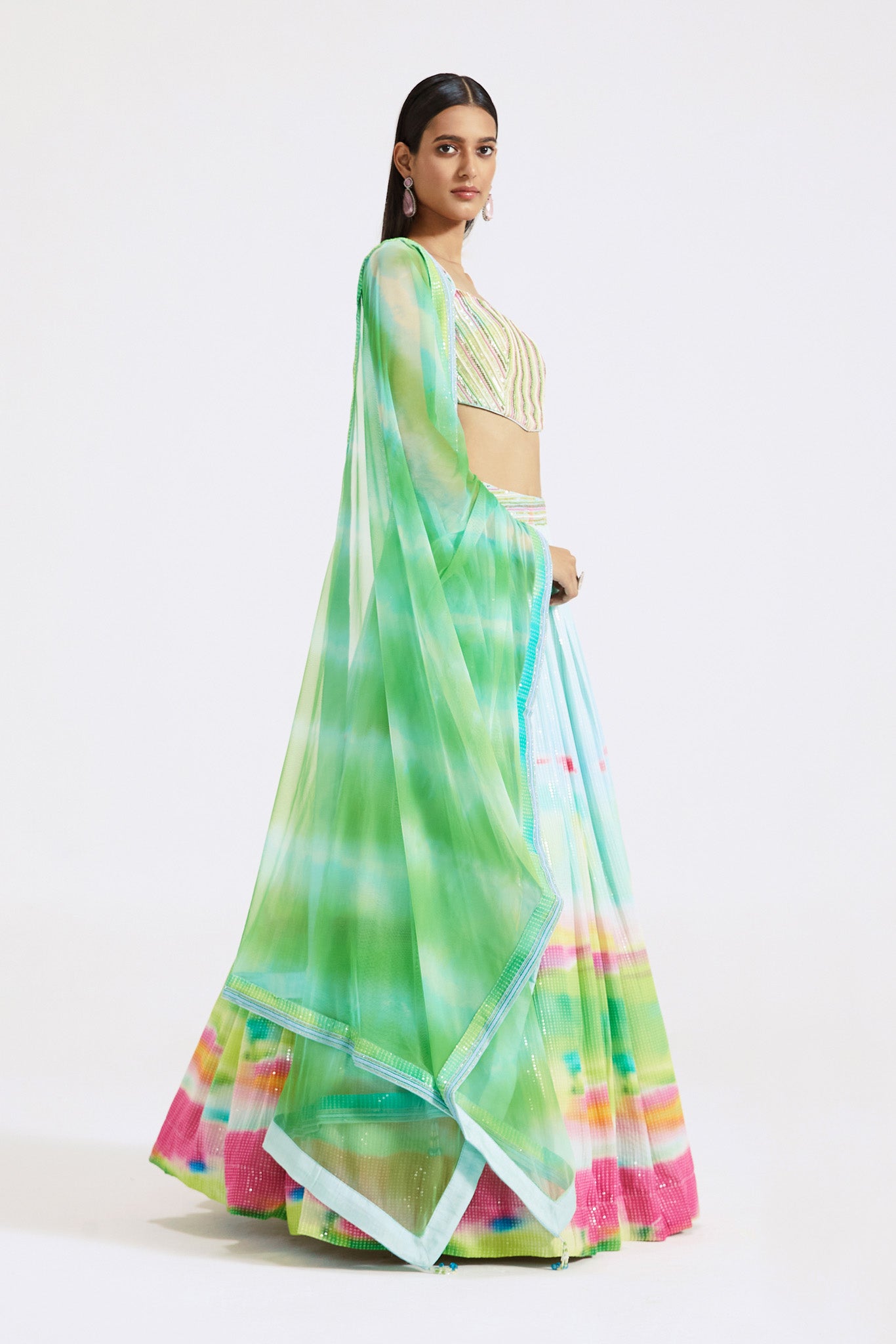 Shop multicolor print georgette lehenga online in USA with dupatta. Shop the best and latest designs in embroidered sarees, designer sarees, Anarkali suit, lehengas, sharara suits for weddings and special occasions from Pure Elegance Indian fashion store in USA.-side