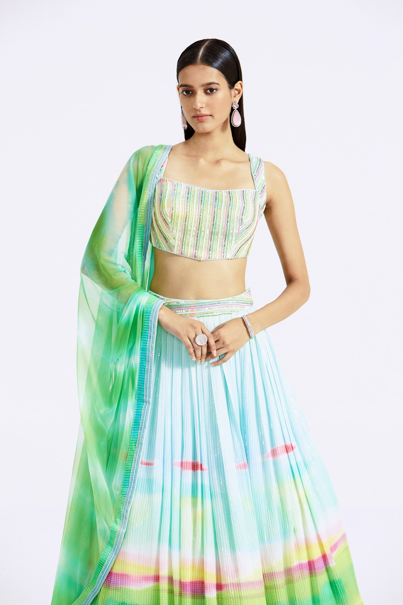 Shop multicolor print georgette lehenga online in USA with dupatta. Shop the best and latest designs in embroidered sarees, designer sarees, Anarkali suit, lehengas, sharara suits for weddings and special occasions from Pure Elegance Indian fashion store in USA.-closeup