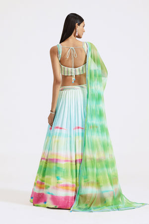 Shop multicolor print georgette lehenga online in USA with dupatta. Shop the best and latest designs in embroidered sarees, designer sarees, Anarkali suit, lehengas, sharara suits for weddings and special occasions from Pure Elegance Indian fashion store in USA.-back