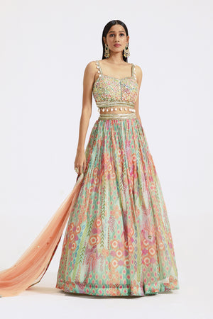 Buy multicolor printed embroidered georgette lehenga online in USA with dupatta. Shop the best and latest designs in embroidered sarees, designer sarees, Anarkali suit, lehengas, sharara suits for weddings and special occasions from Pure Elegance Indian fashion store in USA.-front