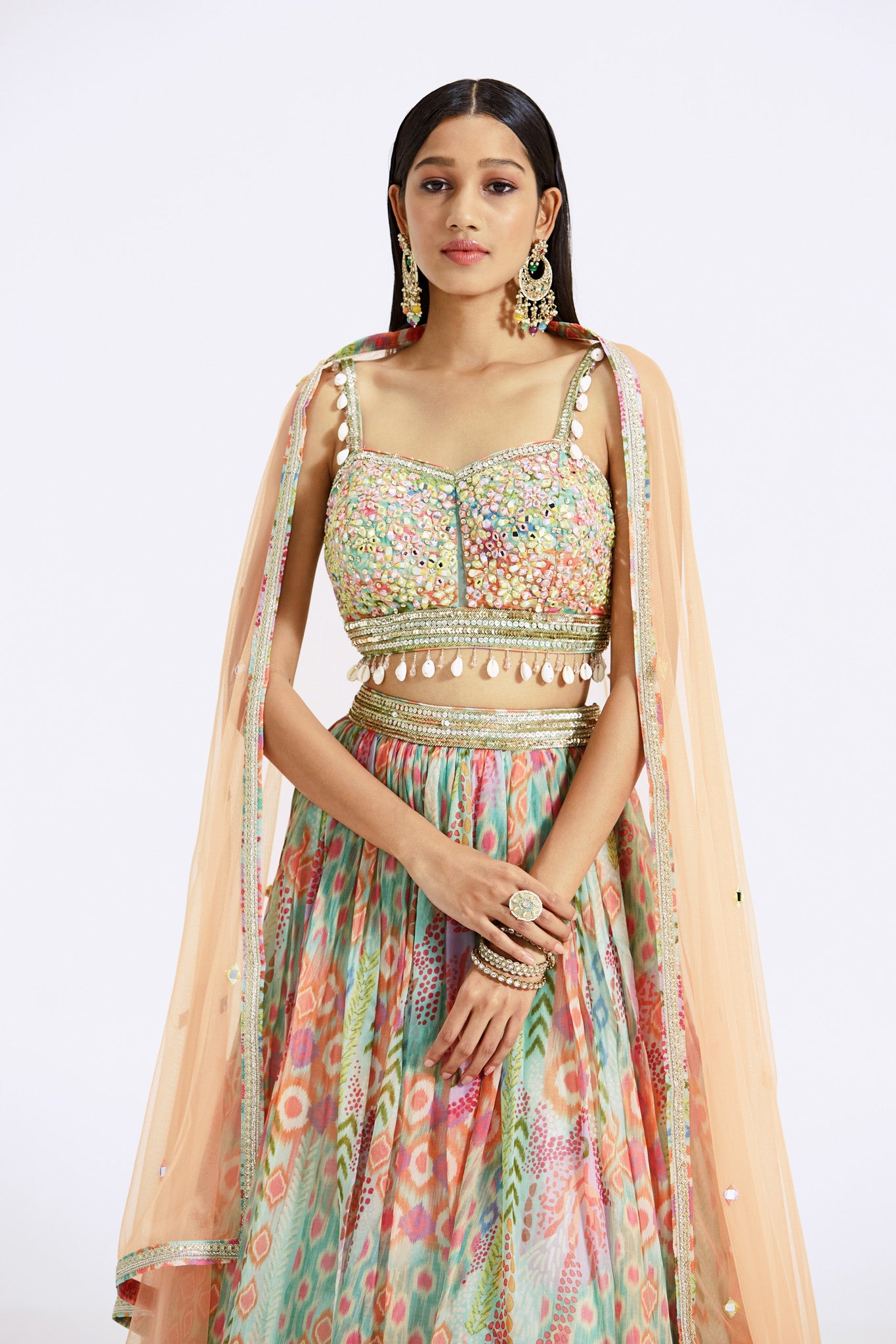 Buy multicolor printed embroidered georgette lehenga online in USA with dupatta. Shop the best and latest designs in embroidered sarees, designer sarees, Anarkali suit, lehengas, sharara suits for weddings and special occasions from Pure Elegance Indian fashion store in USA.-closeup