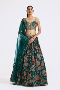 Shop dark green printed georgette lehenga online in USA with dupatta. Shop the best and latest designs in embroidered sarees, designer sarees, Anarkali suit, lehengas, sharara suits for weddings and special occasions from Pure Elegance Indian fashion store in USA.-full view