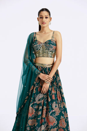 Shop dark green printed georgette lehenga online in USA with dupatta. Shop the best and latest designs in embroidered sarees, designer sarees, Anarkali suit, lehengas, sharara suits for weddings and special occasions from Pure Elegance Indian fashion store in USA.-closeup