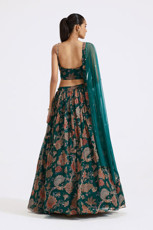 Shop dark green printed georgette lehenga online in USA with dupatta. Shop the best and latest designs in embroidered sarees, designer sarees, Anarkali suit, lehengas, sharara suits for weddings and special occasions from Pure Elegance Indian fashion store in USA.-back