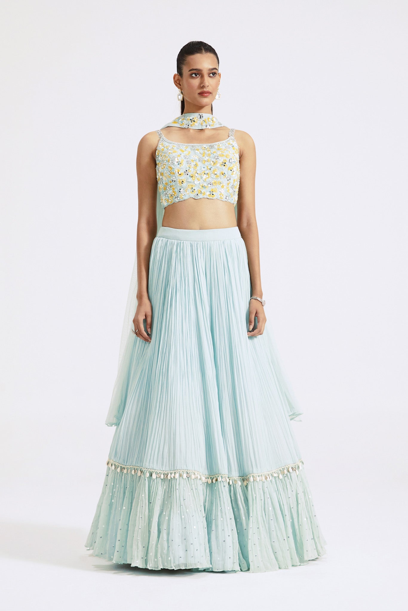 Buy beautiful powder blue embellished georgette lehenga online in USA with dupatta. Shop the best and latest designs in embroidered sarees, designer sarees, Anarkali suit, lehengas, sharara suits for weddings and special occasions from Pure Elegance Indian fashion store in USA.-full view