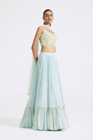 Buy beautiful powder blue embellished georgette lehenga online in USA with dupatta. Shop the best and latest designs in embroidered sarees, designer sarees, Anarkali suit, lehengas, sharara suits for weddings and special occasions from Pure Elegance Indian fashion store in USA.-side