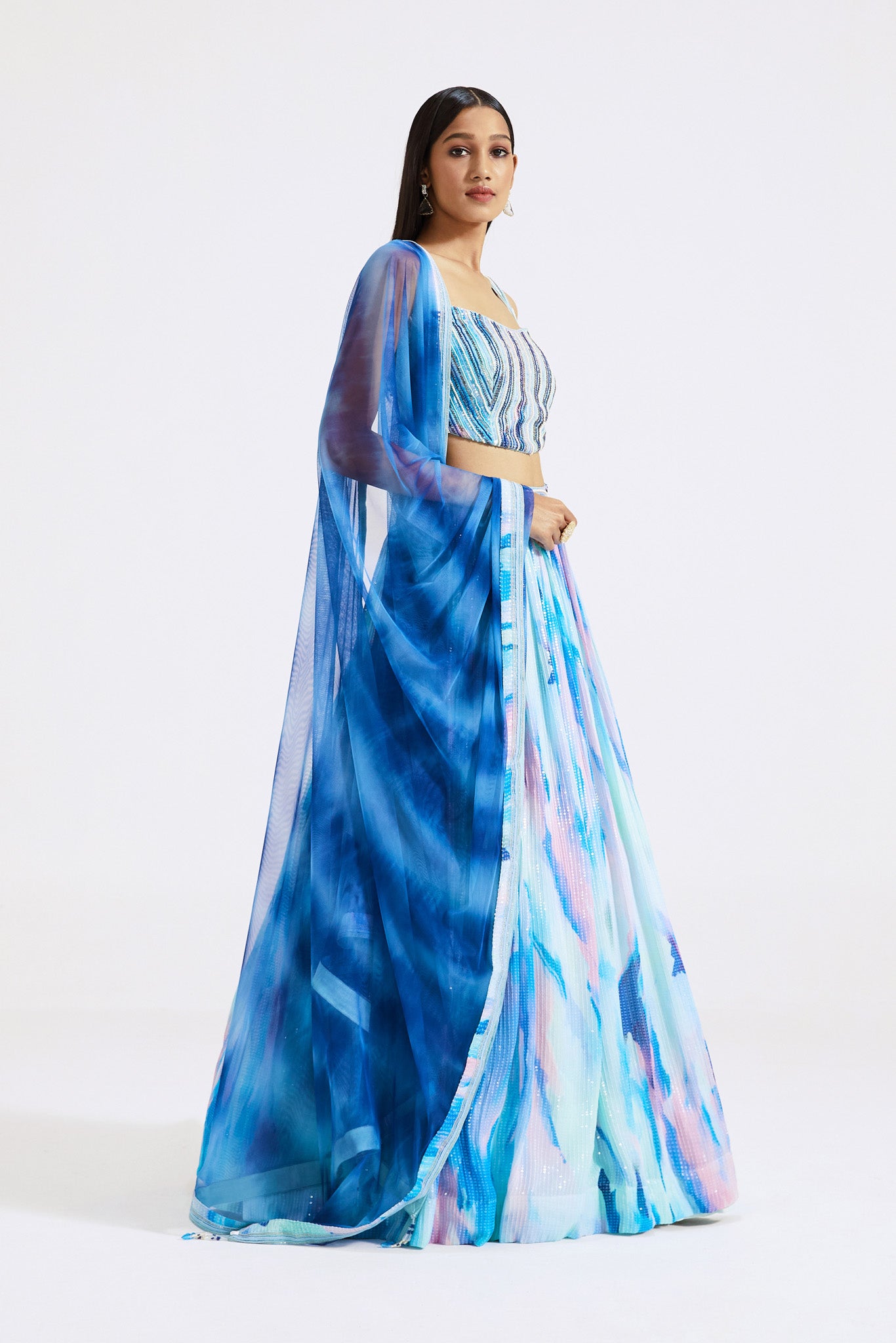 Buy aqua blue printed embellished georgette lehenga online in USA with dupatta. Shop the best and latest designs in embroidered sarees, designer sarees, Anarkali suit, lehengas, sharara suits for weddings and special occasions from Pure Elegance Indian fashion store in USA.-full view