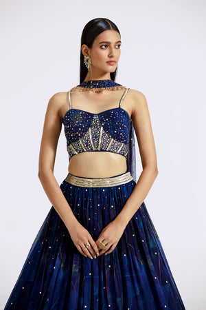 Shop beautiful navy blue embroidered organza lehenga online in USA with net dupatta. Shop the best and latest designs in embroidered sarees, designer sarees, Anarkali suit, lehengas, sharara suits for weddings and special occasions from Pure Elegance Indian fashion store in USA.-closeup