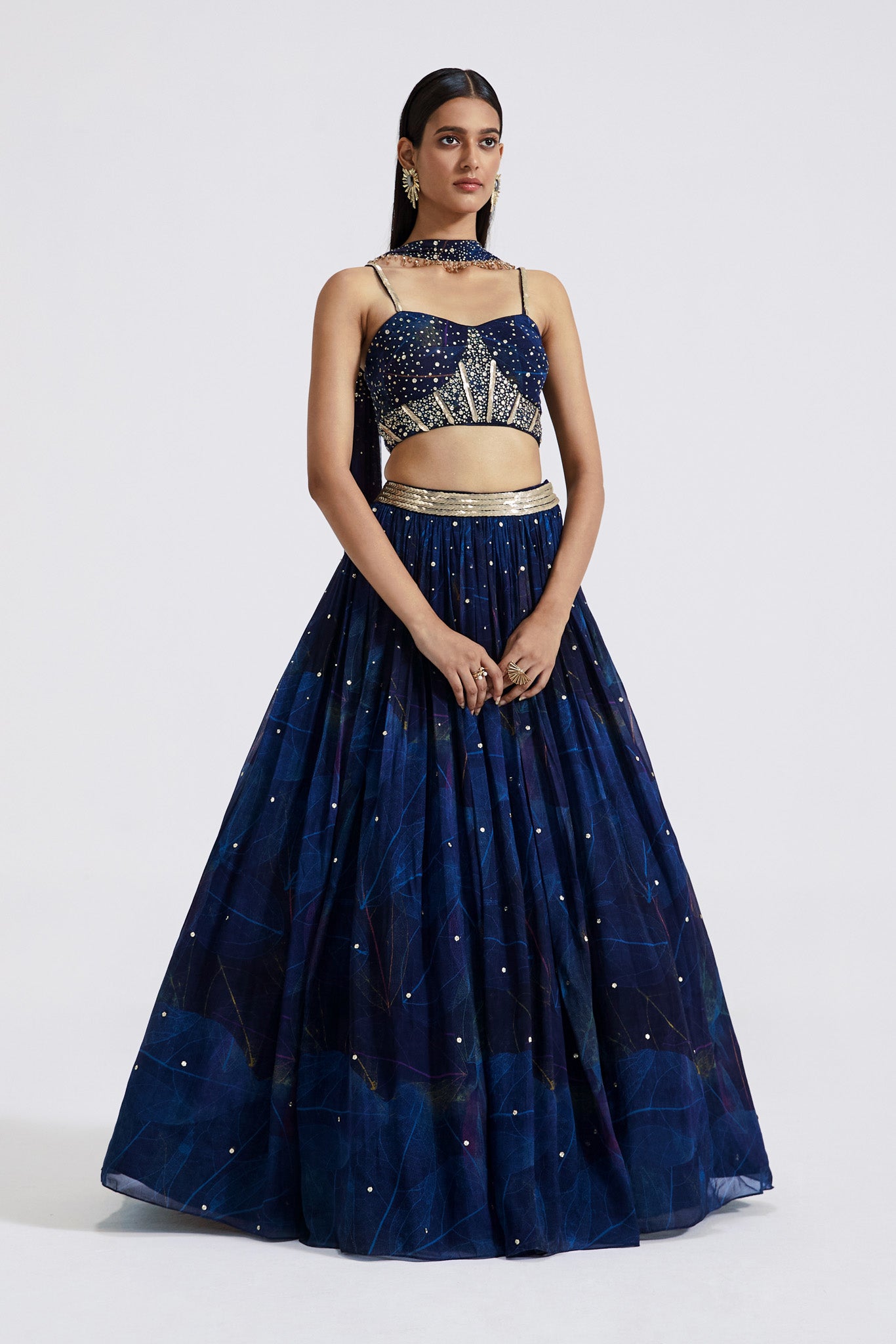 Shop beautiful navy blue embroidered organza lehenga online in USA with net dupatta. Shop the best and latest designs in embroidered sarees, designer sarees, Anarkali suit, lehengas, sharara suits for weddings and special occasions from Pure Elegance Indian fashion store in USA.-full view