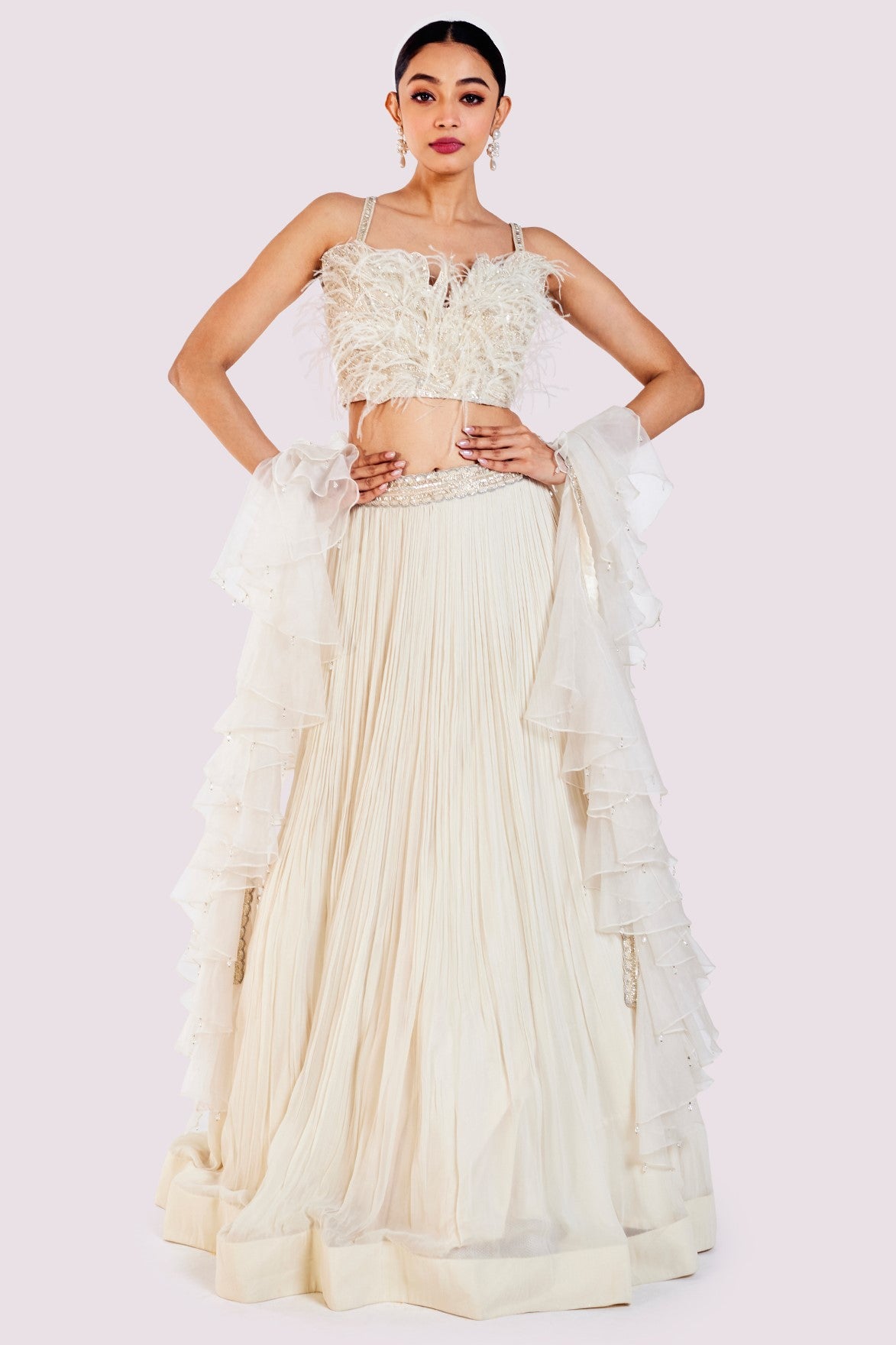 Shop ivory embroidered designer net lehenga online in USA with dupatta. Shop the best and latest designs in embroidered sarees, designer sarees, Anarkali suit, lehengas, sharara suits for weddings and special occasions from Pure Elegance Indian fashion store in USA.-full view