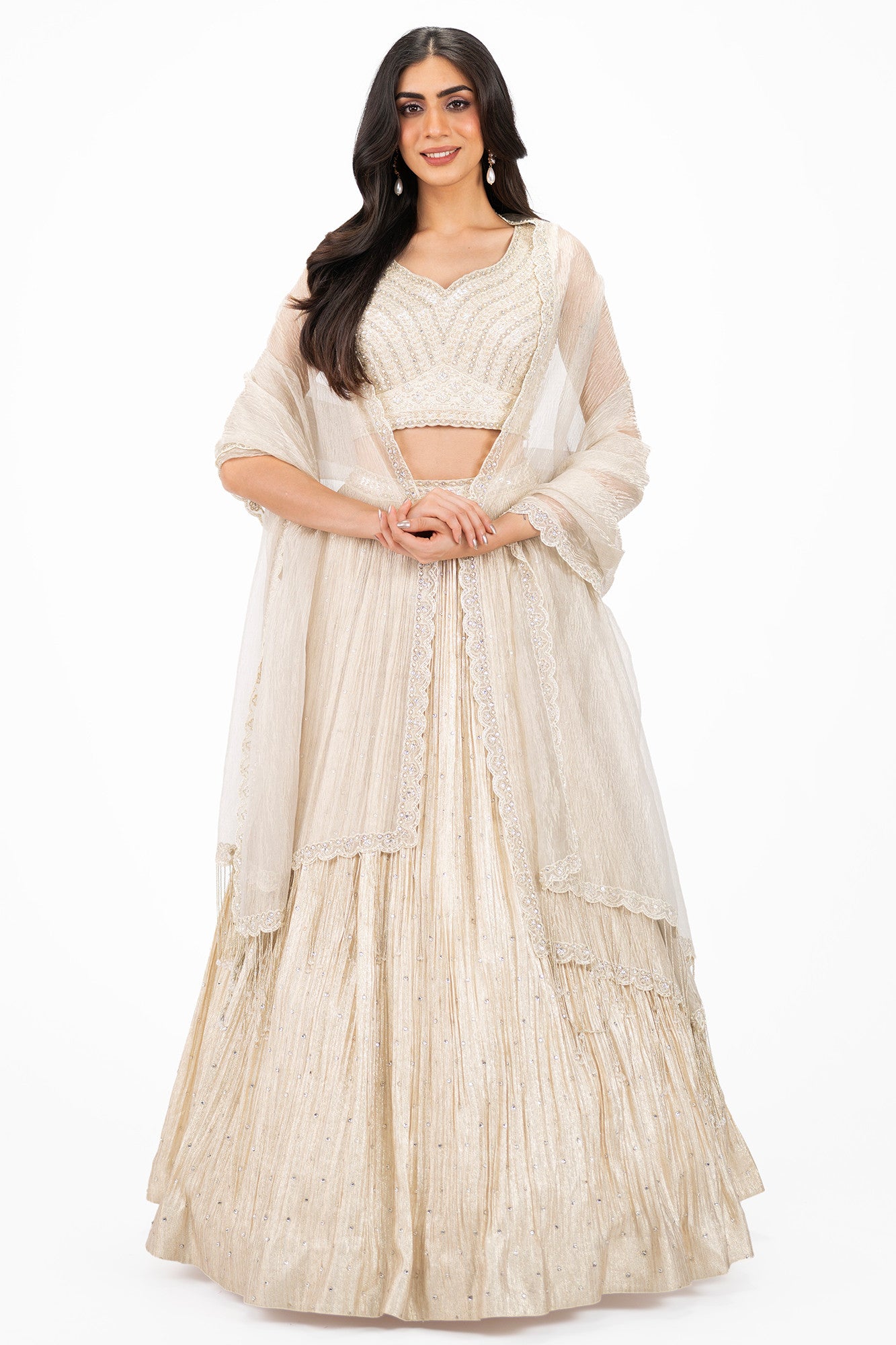 Shop cream embellished Bemberg Russian lehenga online in USA. Shop the best and latest designs in embroidered sarees, designer sarees, Anarkali suit, lehengas, sharara suits for weddings and special occasions from Pure Elegance Indian fashion store in USA.-dupatta