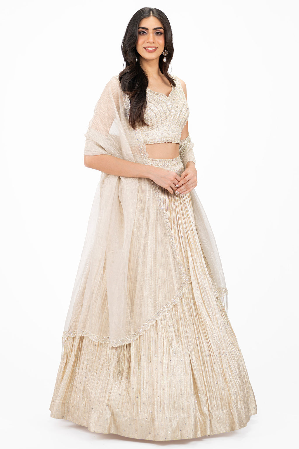 Shop cream embellished Bemberg Russian lehenga online in USA. Shop the best and latest designs in embroidered sarees, designer sarees, Anarkali suit, lehengas, sharara suits for weddings and special occasions from Pure Elegance Indian fashion store in USA.-full view