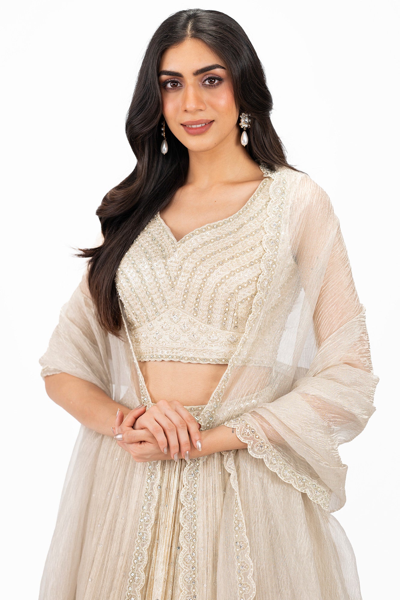 Shop cream embellished Bemberg Russian lehenga online in USA. Shop the best and latest designs in embroidered sarees, designer sarees, Anarkali suit, lehengas, sharara suits for weddings and special occasions from Pure Elegance Indian fashion store in USA.-closeup