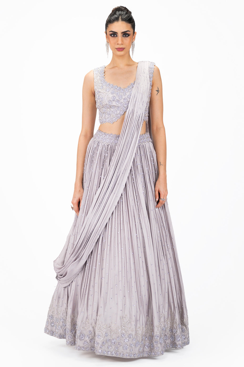 Buy light grey embellished satin lehenga online in USA. Shop the best and latest designs in embroidered sarees, designer sarees, Anarkali suit, lehengas, sharara suits for weddings and special occasions from Pure Elegance Indian fashion store in USA.-full view