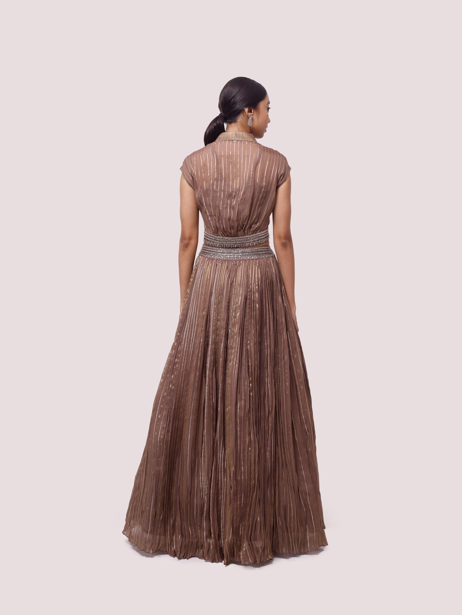 Buy stunning brown embroidered organza skirt set online in USA. Dazzle on weddings and special occasions with exquisite designer lehengas, Anarkali suit, sharara suit, Indowestern outfits, bridal lehengas from Pure Elegance Indian clothing store in the USA. -back