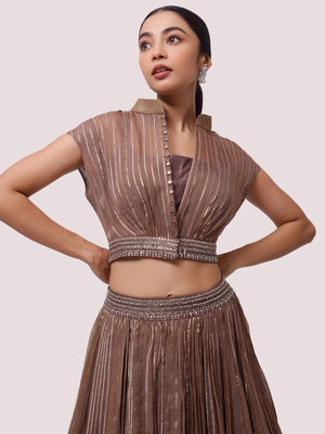 Buy stunning brown embroidered organza skirt set online in USA. Dazzle on weddings and special occasions with exquisite designer lehengas, Anarkali suit, sharara suit, Indowestern outfits, bridal lehengas from Pure Elegance Indian clothing store in the USA. -closeup