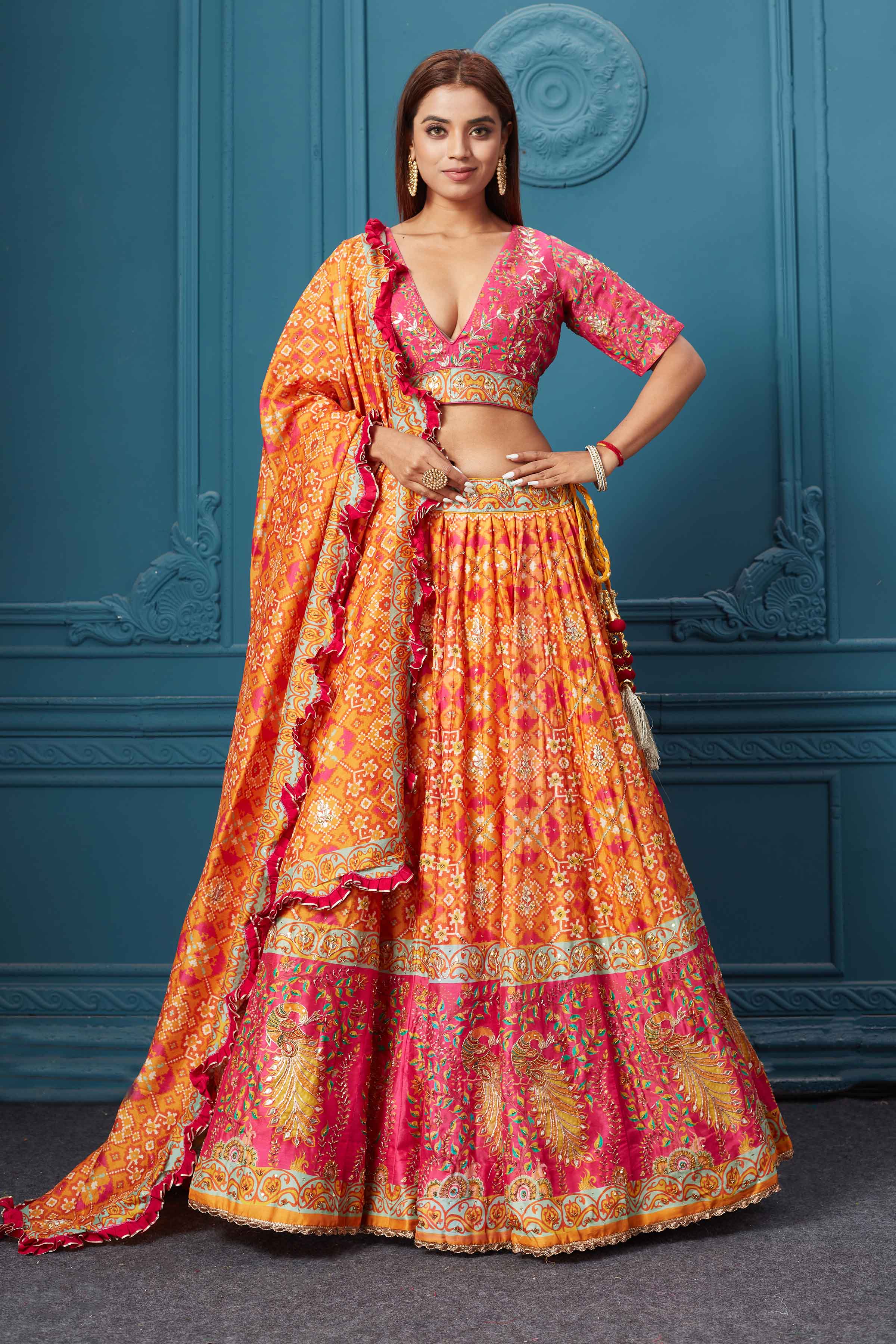 310030 Orange Bandhej Printed Lehenga with Dupatta