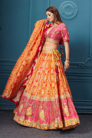 310030 Orange Bandhej Printed Lehenga with Dupatta