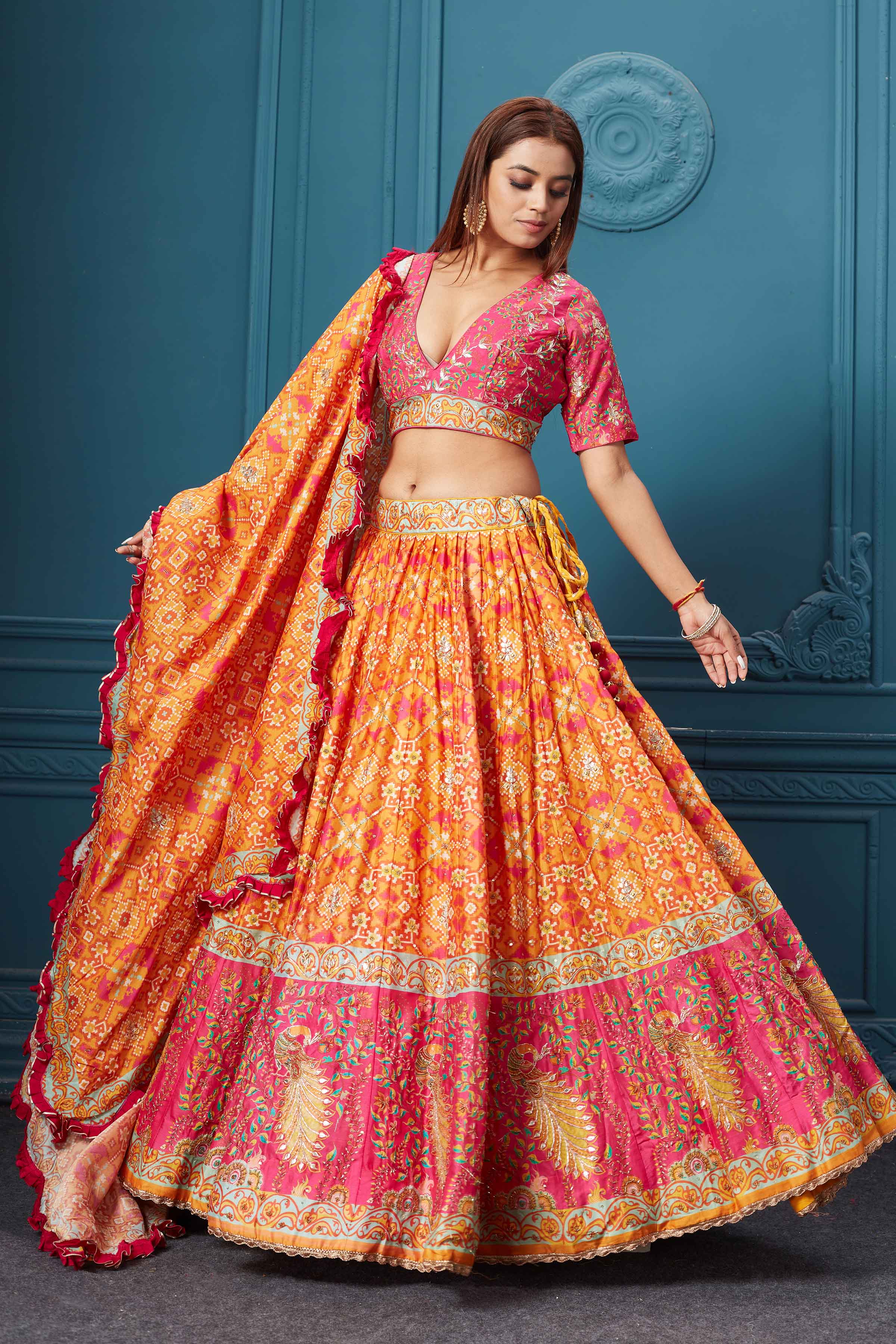 310030 Orange Bandhej Printed Lehenga with Dupatta