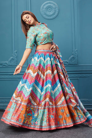 Buy multicolored silk embroidered lehenga online in the USA. Look royal at weddings and festive occasions in exquisite designer sarees, lehngas, gowns, handwoven sarees, pure silk saris, Banarasi sarees, anarkalis from Pure Elegance Indian saree store in the USA. 