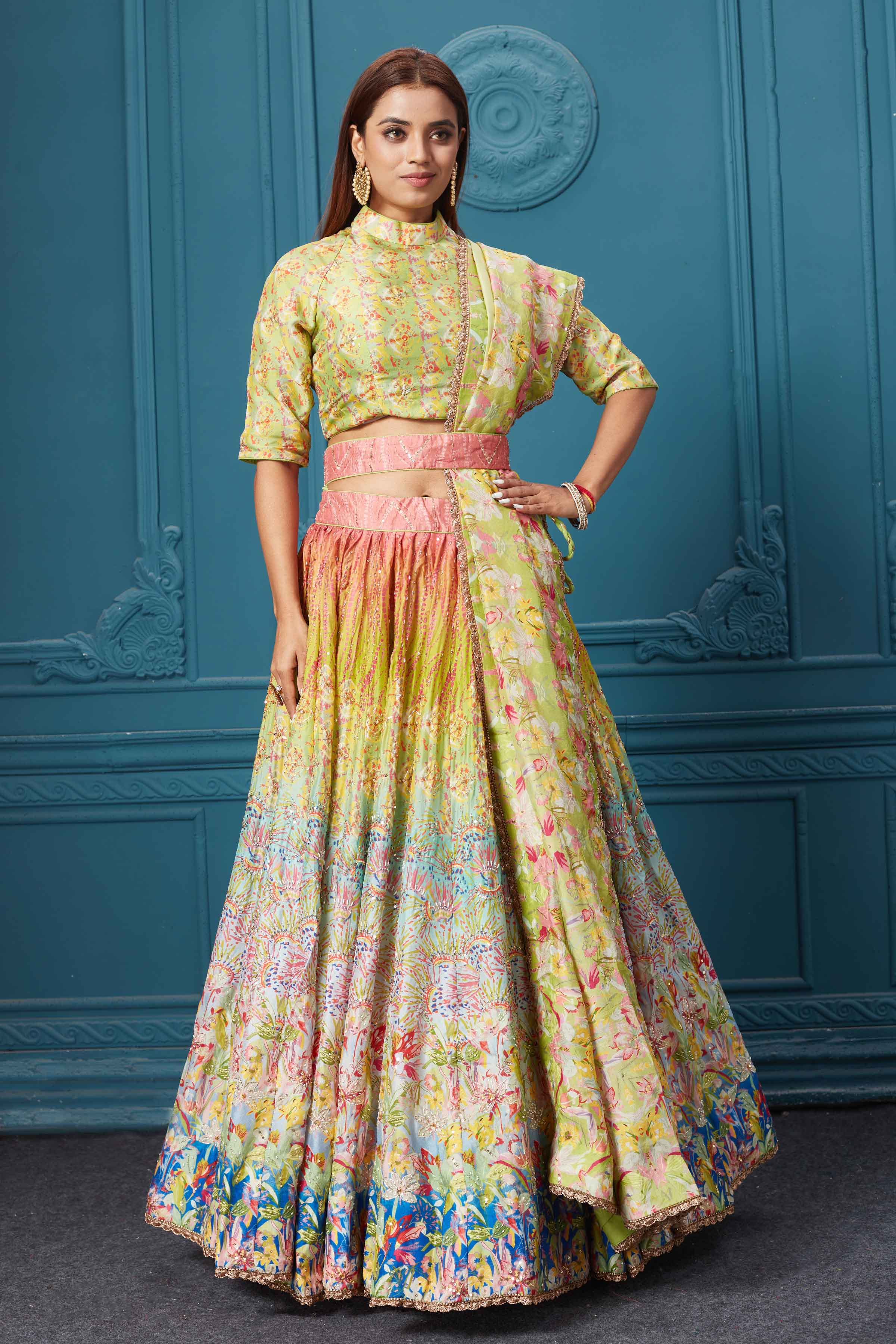 310037 Green Multicolored Embroidered Lehenga with Belt